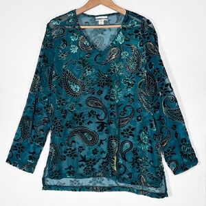 Velvet Burnout Paisley Floral Sheer Blouse Y2K Womens L‎ Whimsygoth Fairy Grunge